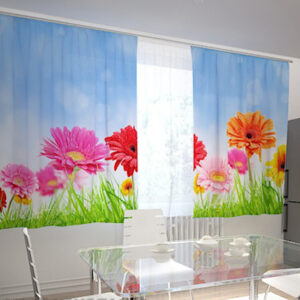 Pimennysverho BRIGHT GERBERAS IN THE KITCHEN 200x210 cm