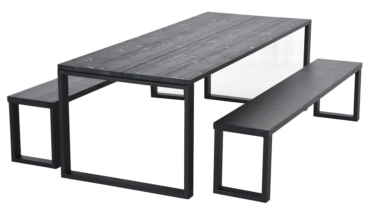 Honka 8-hengen terassiruokailuryhmä penkeillä musta/musta metallijaloilla